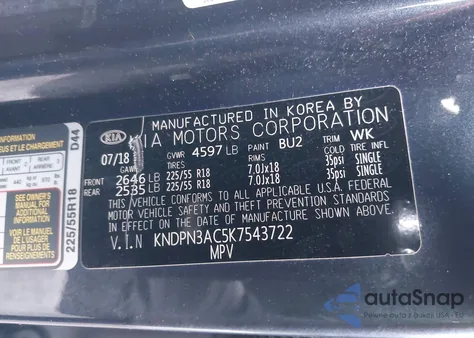 2019 Kia Sportage Ex из США, поврежденный, VIN KNDPN3AC5K7543722